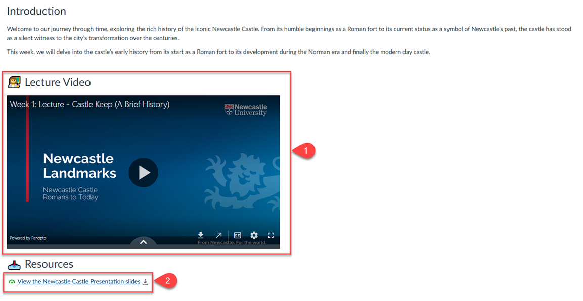 Screenshot of Canvas Page with areas highlighting lecture video and lecture slides link